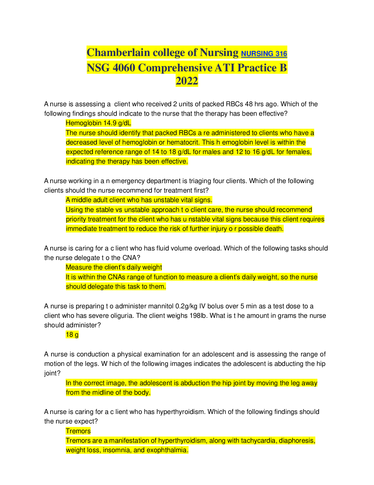 Preview of NSG 4060 Comprehensive ATI Practice B 2022